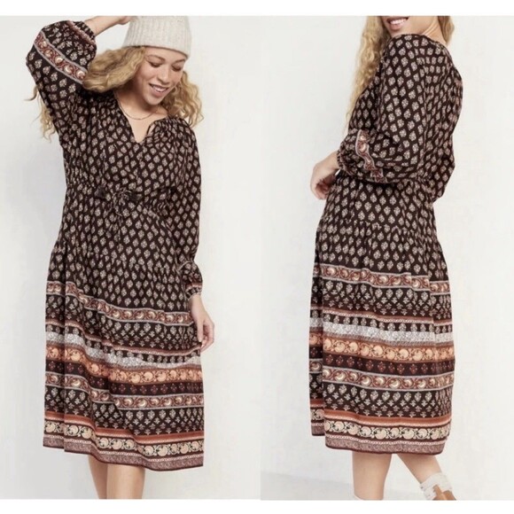 Old Navy Dress Womens 4X Brown Long Sleeve Maxi Floral Tiered Cottagecore New - Picture 10 of 12